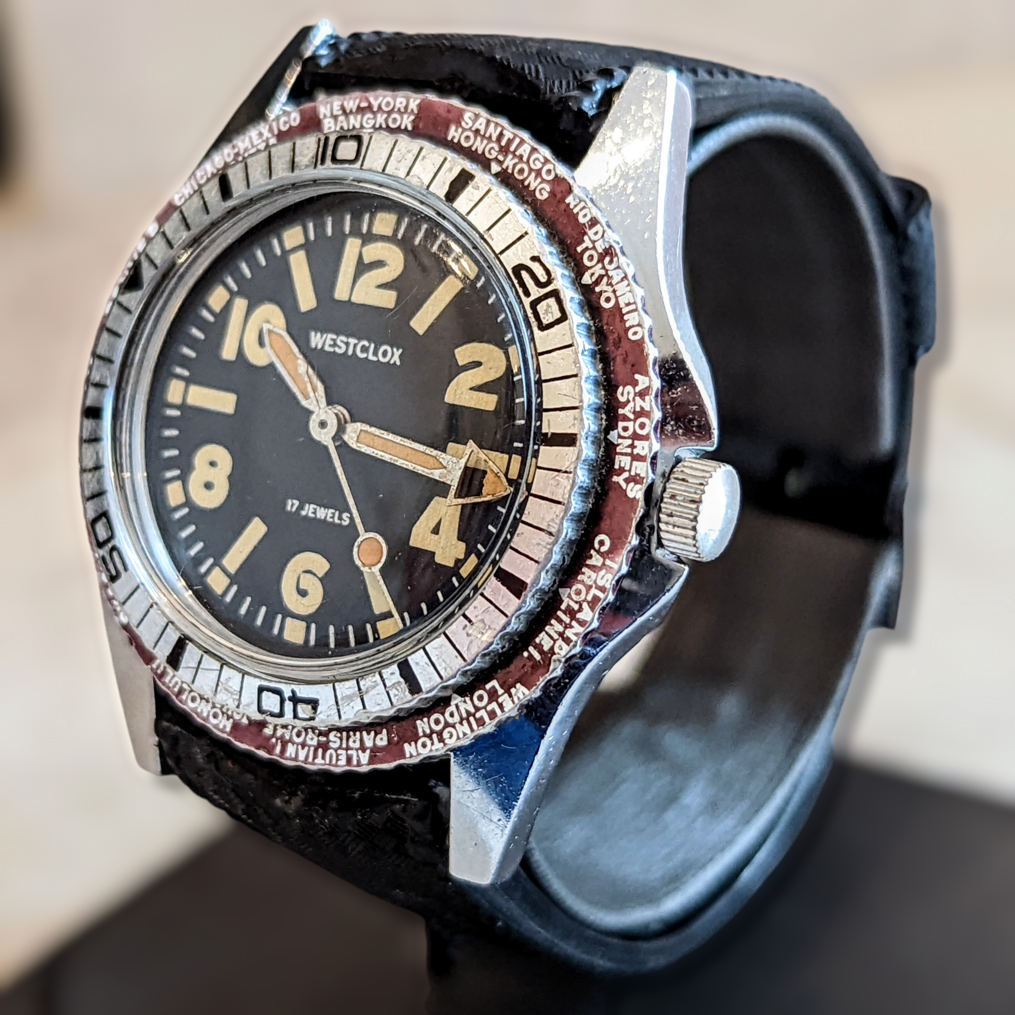 WESTCLOX Dual Bezel Diver Watch World Timer Wristwatch 17 Jewels