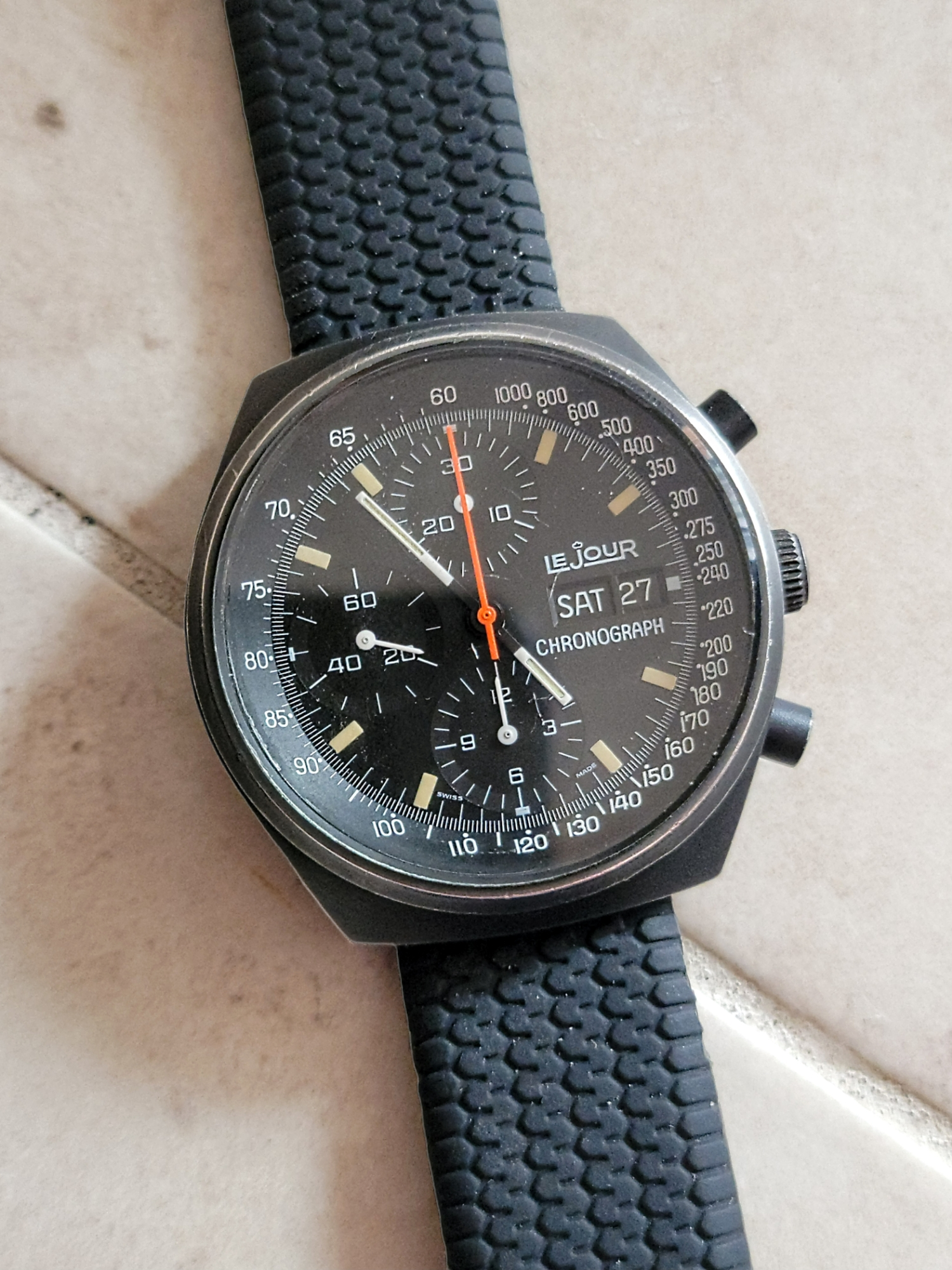 LE JOUR 7000 Chronograph Automatic Watch Heuer Pasadena Valjoux 77 SECOND HAND HOROLOGY